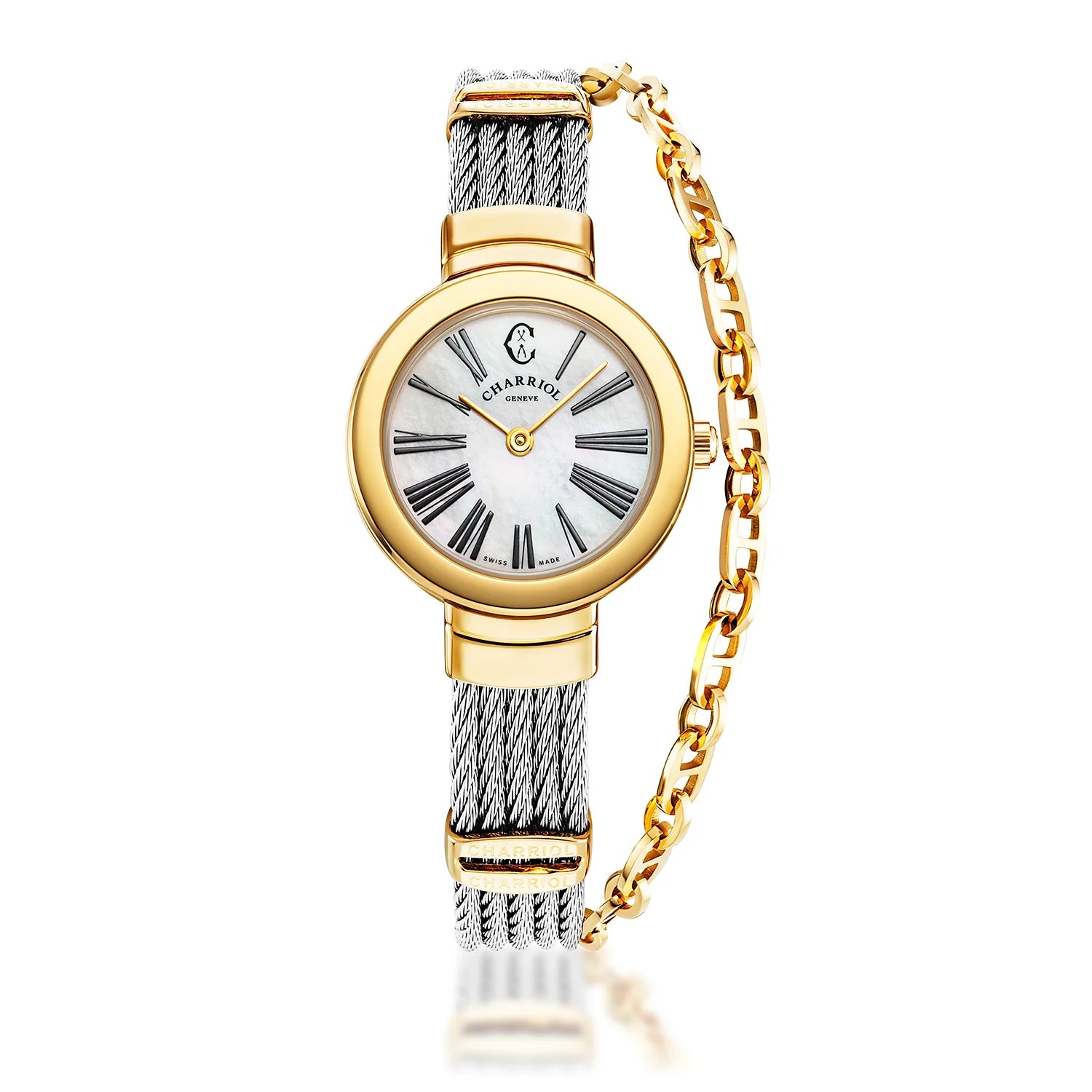 ST TROPEZ, 25MM, CALIBRE CUARZO, DIAL DE PERLA MADRE, BISEL PVD ORO AMARILLO, PULSERA DE CABLE DE ACERO - Charriol Geneve - Watch