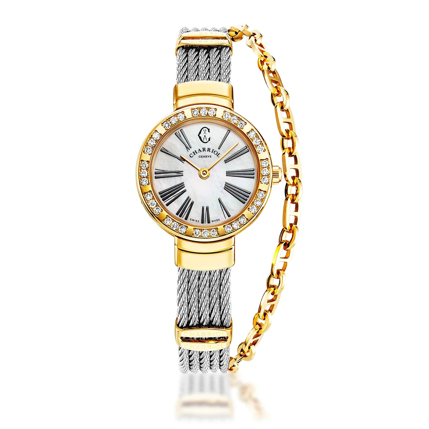 ST TROPEZ, 25MM, CALIBRE CUARZO, ESFERA DE PERLA MADRE, PVD ORO AMARILLO CON 36 DIAMANTES, PULSERA DE CABLE DE ACERO - Charriol Geneve - Watch