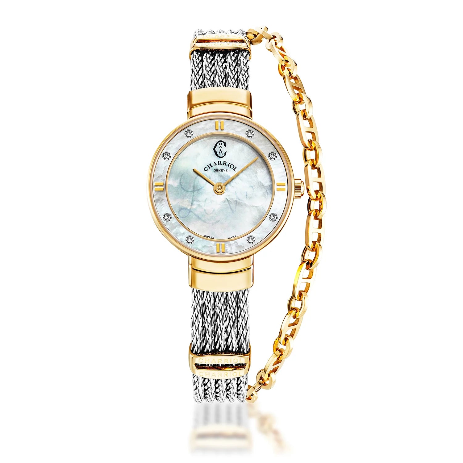 ST TROPEZ, 25MM, CUARZO CALIBRE, PERLA BLANCA CON LUMINOSA "LOVE" DIAL, PERLA BLANCA CON 8 DIAMANTES BEZEL, PULSERA DE CABLE DE ACERO - Charriol Geneve - Relojeria