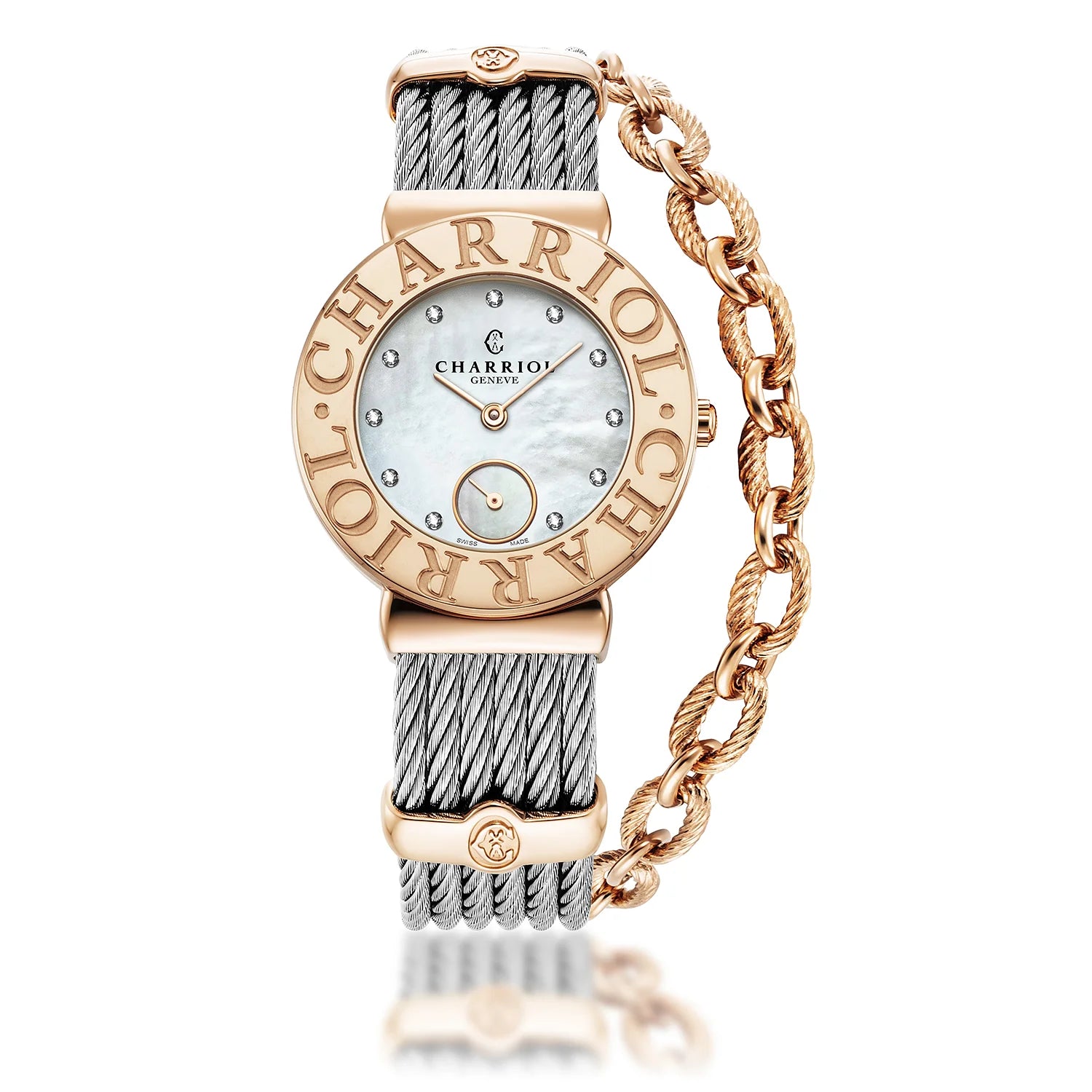 ST TROPEZ ICON, 30MM, CUARZO CALIBRE, PERLA CON 11 DIAMANTES, "CHARRIOL CHARRIOL " BEZEL, PULSERA DE CABLE DE ACERO - Charriol Geneve - Relojeria