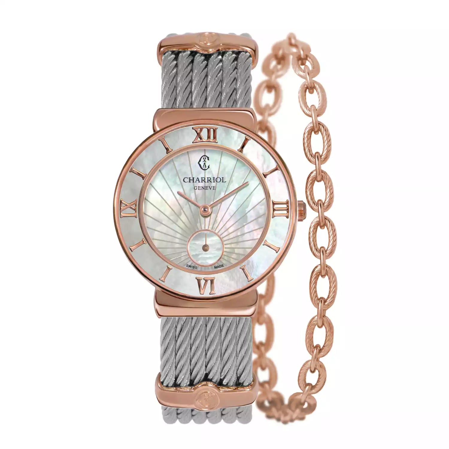 ST TROPEZ ICON, 30MM, CALIBRE CUARZO, ESFERA MADRE DE PERLA SUNSHINE, BISEL MADRE DE PERLA, PULSERA DE CABLE DE ACERO - Charriol - Watch