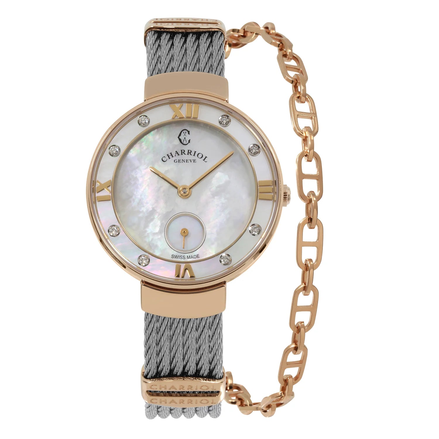 ST TROPEZ, 30MM, CALIBRE CUARZO, DIAL DE PERLA MADRE BLANCA, PERLA MADRE BLANCA CON 8 DIAMANTES, PULSERA DE CABLE DE ACERO - Charriol Geneve - Watch