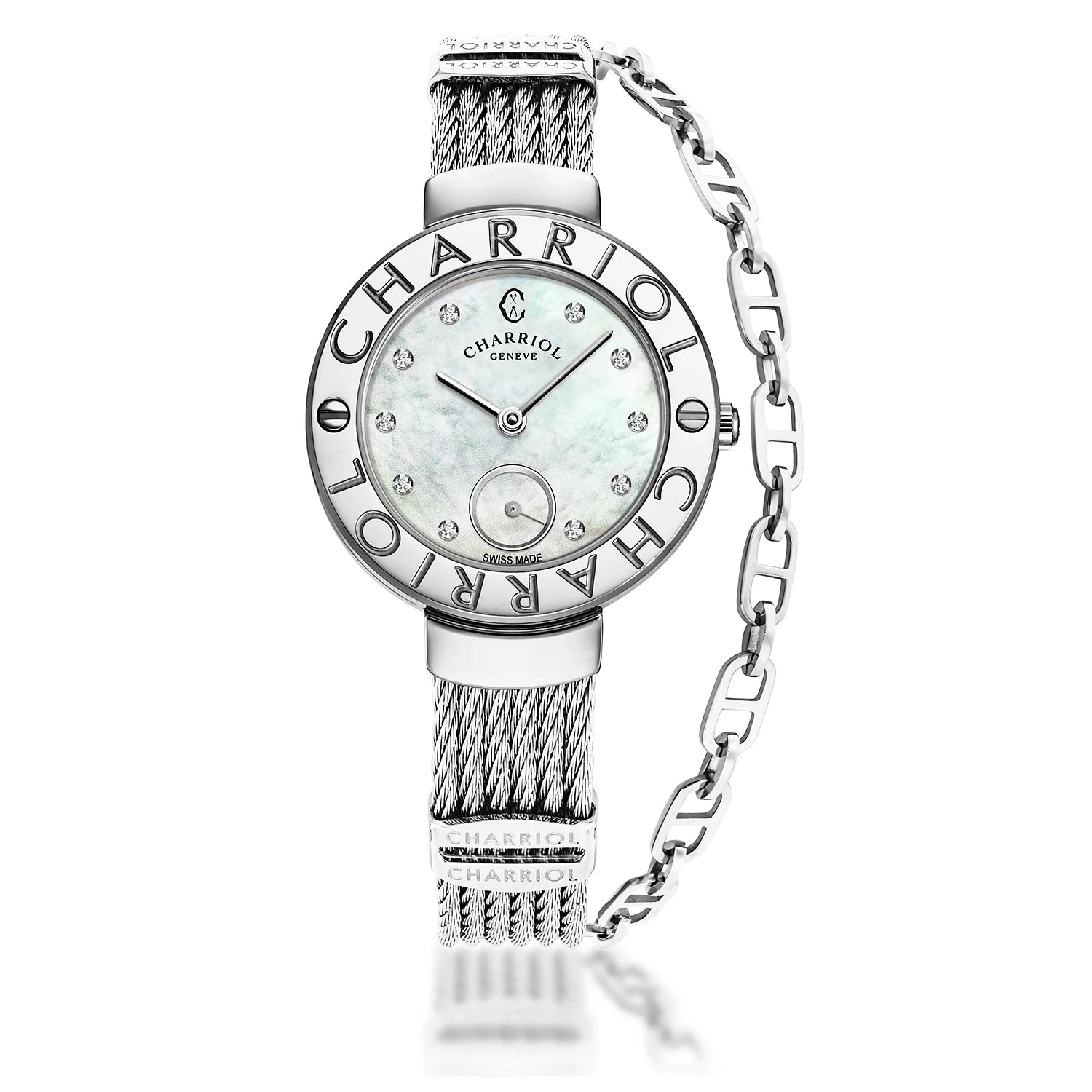 ST TROPEZ, 30MM, CALIBRE CUARZO, PERLA MADRE CON 10 DIAMANTES DIAL, "CHARRIOL CHARRIOL " BEZEL, PULSERA DE CABLE DE ACERO - Charriol Geneve - Watch