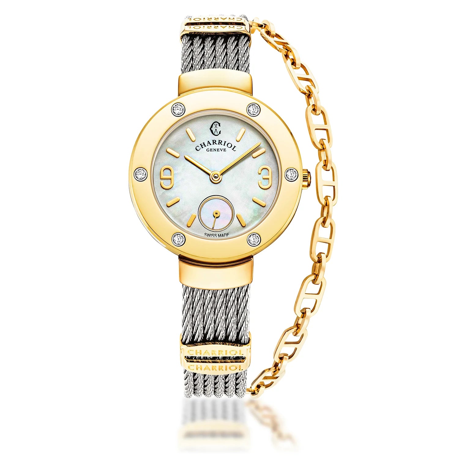 ST TROPEZ, 30MM, CALIBRE CUARZO, ESFERA MADREPERLA, PVD ORO AMARILLO CON 6 DIAMANTES, PULSERA DE CABLE DE ACERO - Charriol Geneve - Relojes