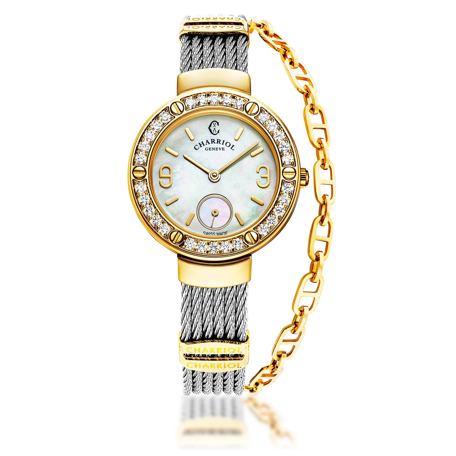 ST TROPEZ, 30MM, CALIBRE CUARZO, ESFERA MADREPERLA, PVD ORO AMARILLO CON 30 DIAMANTES, PULSERA DE CABLE DE ACERO - Charriol Geneve - Relojes