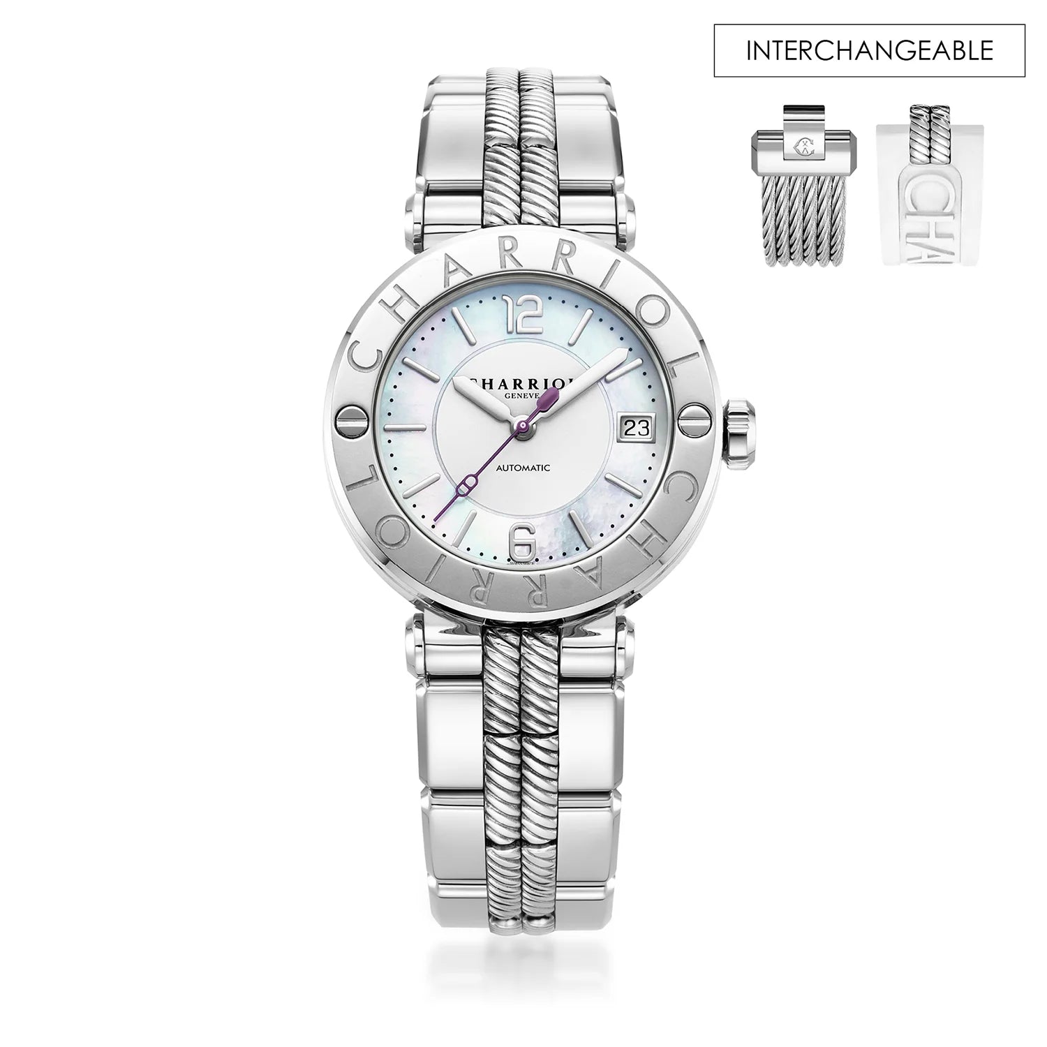 St Tropez Cruise Reloj Automático 36mm Brazalete Gris Claro, Bisel Gris Claro y 2 Tornillos y Esfera Blanca MOP - Charriol Geneve - Relojes