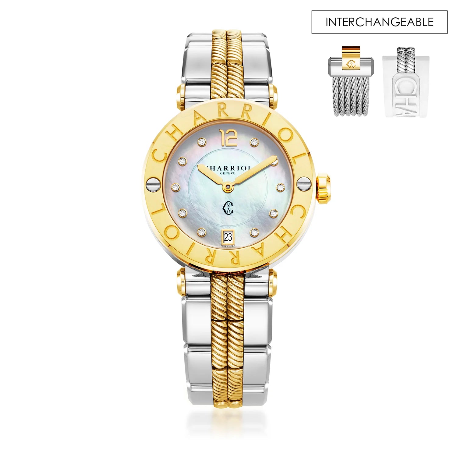 NAVIGATOR CRUISE, 36MM, CALIBRE CUARZO, PERLA MADRE CON 10 DIAMANTES DIAL, "CHARRIOL CHARRIOL " BEZEL, BICOLOR PULSERA INTERCAMBIABLE - Charriol Geneve - Watch