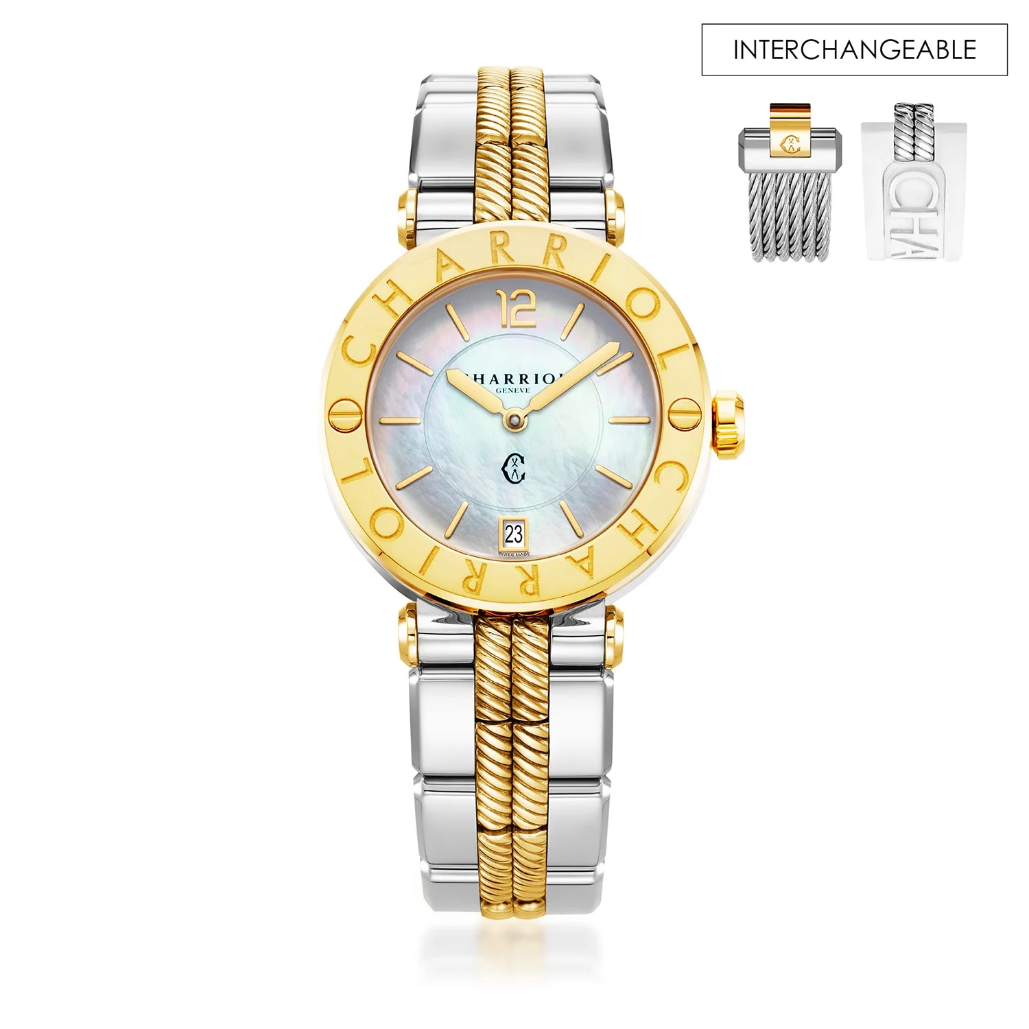 St Tropez Cruise Reloj 36mm Gris claro y brazalete de oro amarillo, bisel de oro amarillo y 2 tornillos y esfera blanca MOP - Charriol Geneve - Relojes