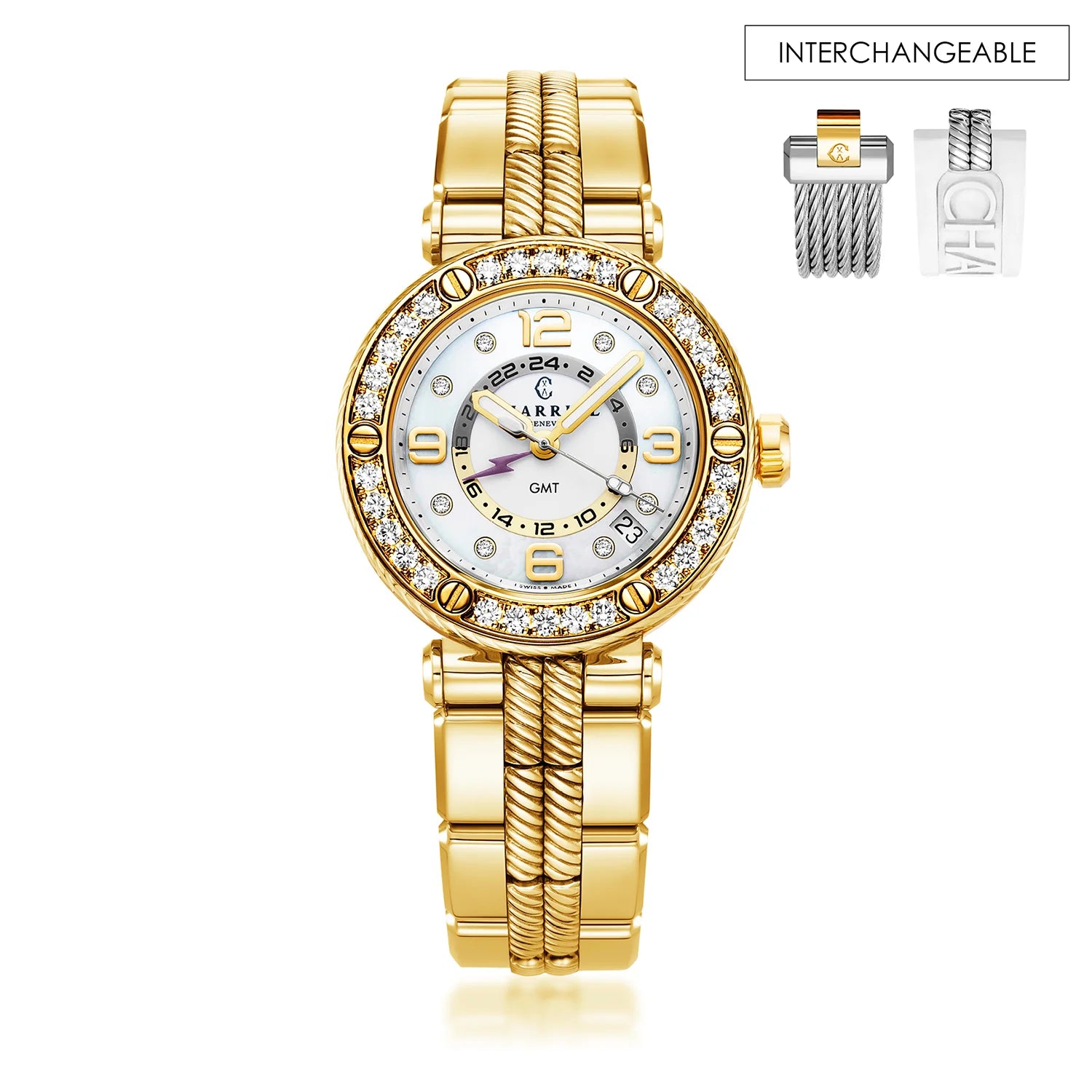 NAVIGATOR SURF GMT, 36MM, CALIBRE GMT CUARZO, ESFERA BLANCA, 30 DIAMANTES BEZEL, PVD ORO AMARILLO PULSERA INTERCAMBIABLE - Charriol Geneve - Relojes