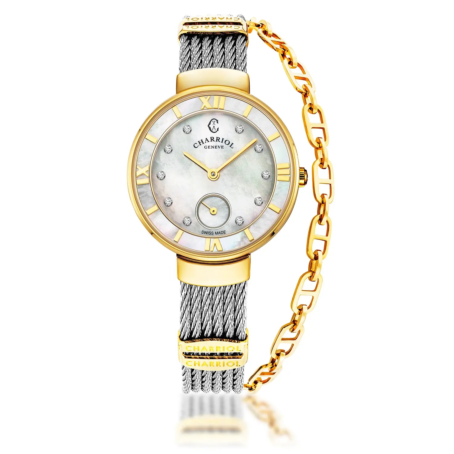 ST TROPEZ, 30MM, CUARZO CALIBRE, PERLA MADRE CON 10 DIAMANTES DIAL, BISEL DE PERLA MADRE, PULSERA DE CABLE DE ACERO - Charriol Geneve - Watch